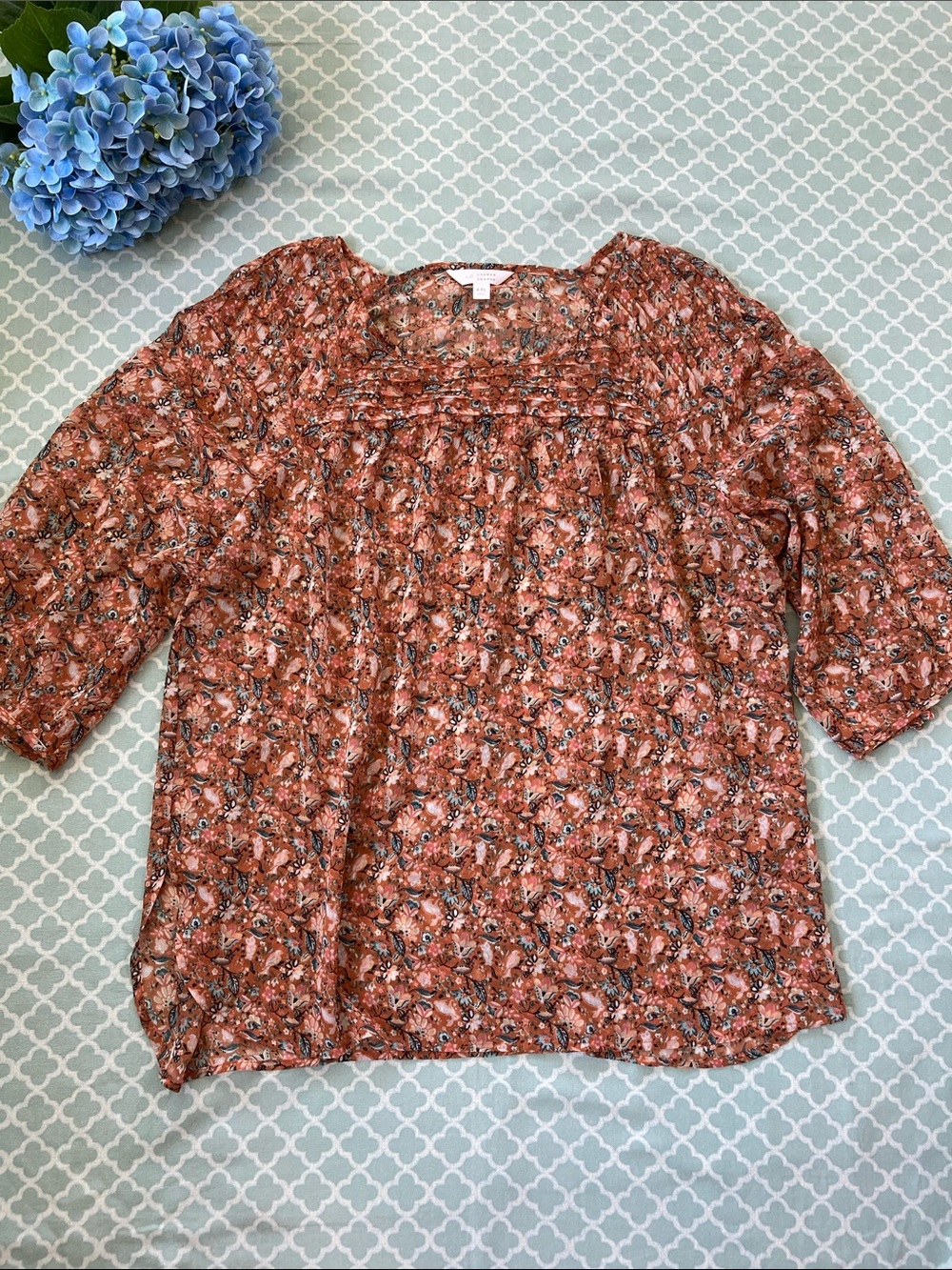 LC Lauren Conrad Bunny Bird Owl Rust Peasant Blouse Sheer Pintuck XXL